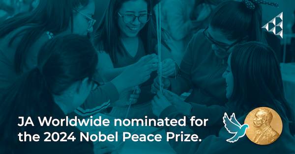 students shown collaborating, Nobel Peace Prize logo included
