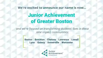 JA of Northern New England is now JA of Greater Boston. The image lists the nine impact communities and includes the new logo.