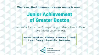 JA of Northern New England is now JA of Greater Boston. The image lists the nine impact communities and includes the new logo.
